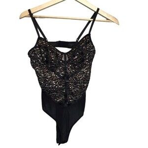 Haute Monde Black Lace & Sequined Sexy Bodysuit‎ - M